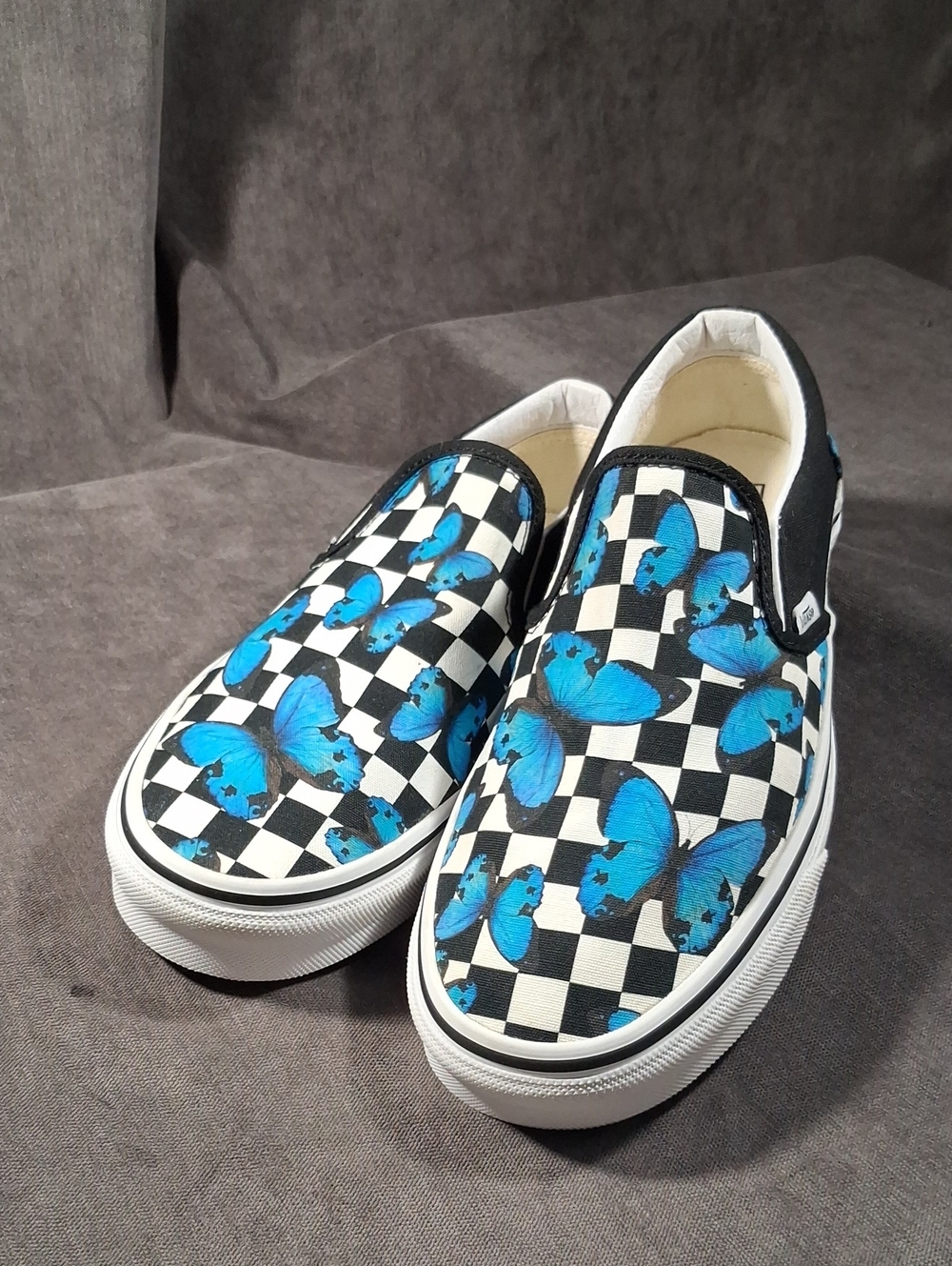 Vans Slip On Blue Butterflies Moths Black White Checkerboard Sneakers VG+ US 8